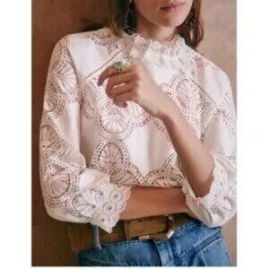 Sezane White Eyelet Lace High-Neck Blouse